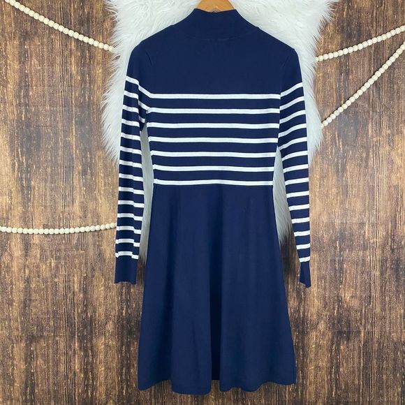 Eliza J | Stripe Mock Neck Fit & Flare Dress Navy Medium - Picture 5 of 7